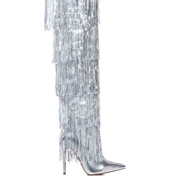Callie Chrome: Sequin Fringe Silver Stiletto Azalea Wang Boots 9 8 - Picture 8 of 11